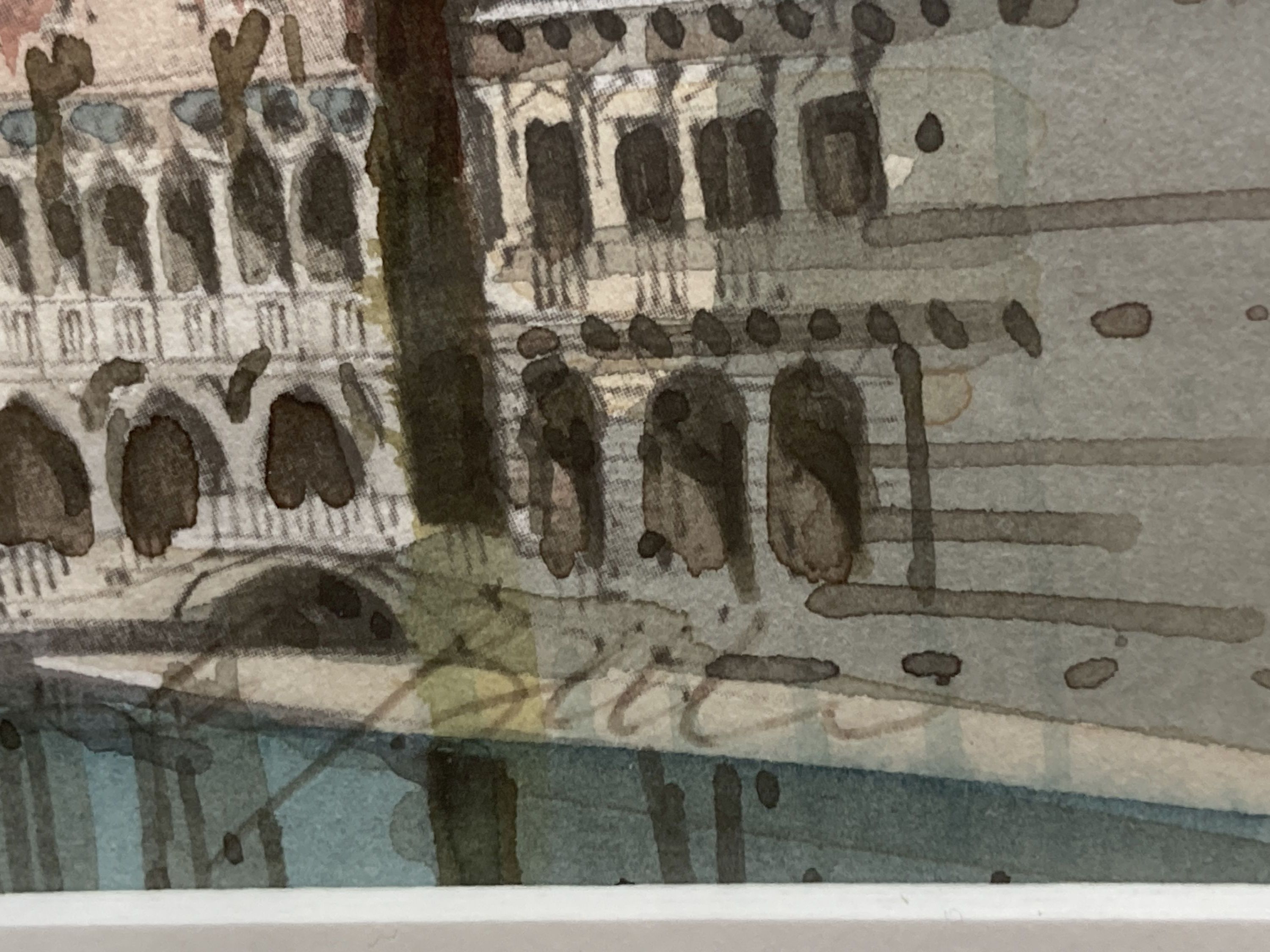 Saverio De Belo (b.1951), watercolour, Venetian scene, signed, label verso, 12.5 x 35cm